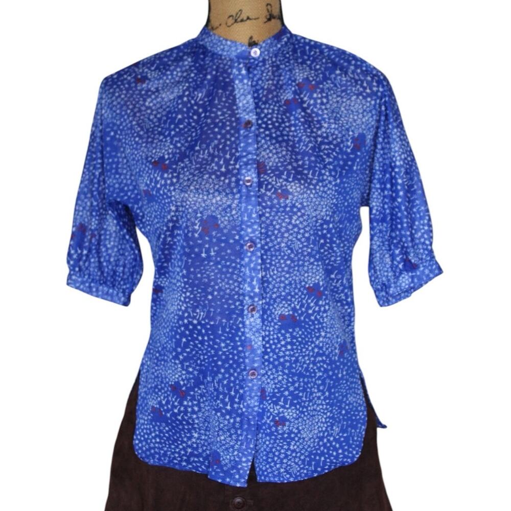 Vintage Blue White Floral Sheer Button Up Short Sleeve Blouse Women's Small